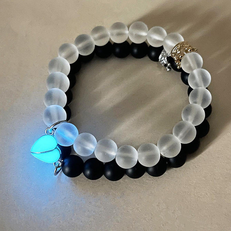 2PCS Handmade Crown Beaded Couple Bracelets – Luminous Glow-in-the-Dark Heart Jewelry Gift for Men & Women CJ