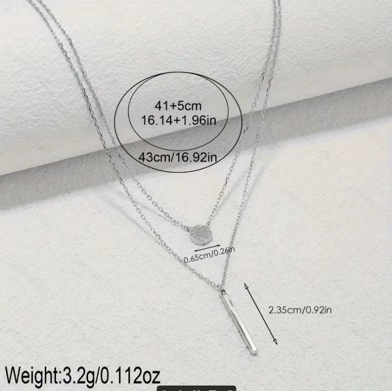 S925 Silver Double Chain Necklace – Long Stick Micro Pave Zircon Pendant for Women CJ