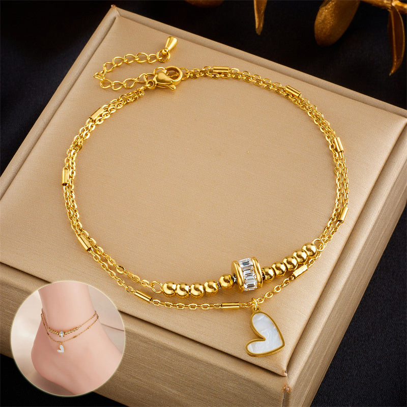 Boho Classic Love Heart Anklet – Double Layer Tassel Chain Bracelet for Women CJ