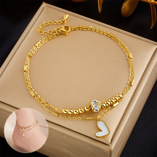 Boho Classic Love Heart Anklet – Double Layer Tassel Chain Bracelet for Women CJ