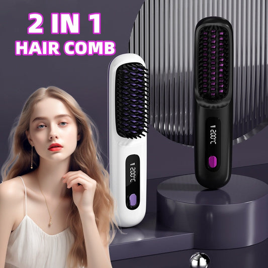 2 In 1 Straight Hair Comb Wireless Hair Straightener Brush Hair Fast Heating Portable Hot Curler USB Charging CJ