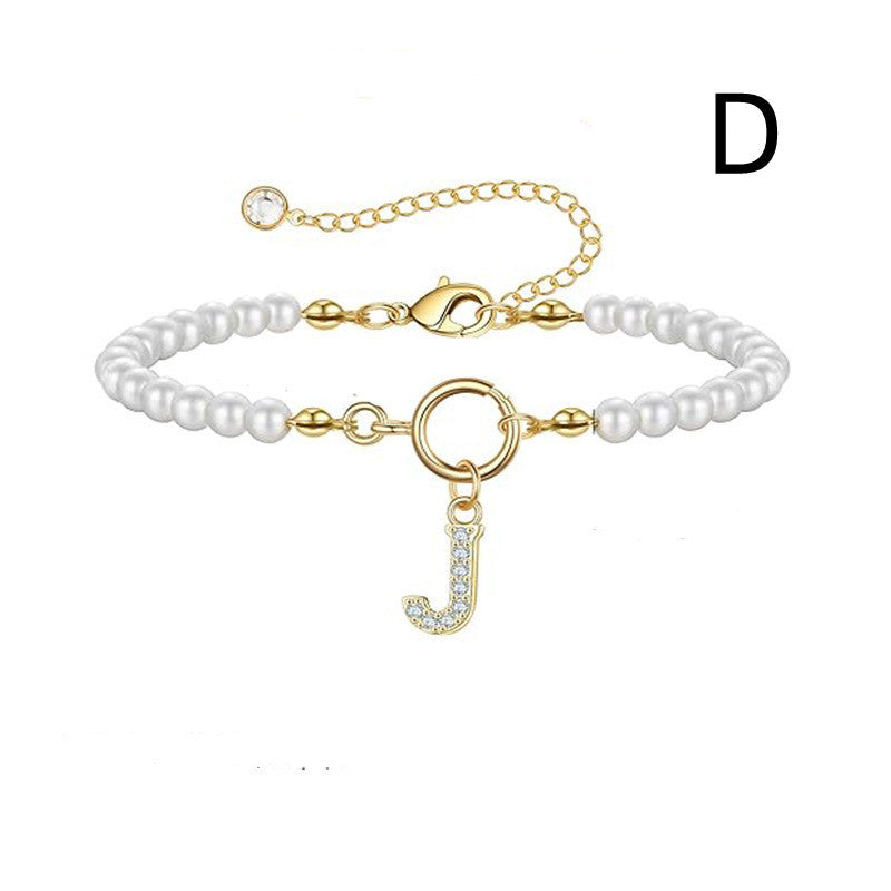 Toggle Clasp Initial Bracelet – A-Z Letter Pendant Pearl Bracelet for Women CJ