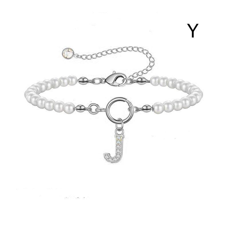 Toggle Clasp Initial Bracelet – A-Z Letter Pendant Pearl Bracelet for Women CJ