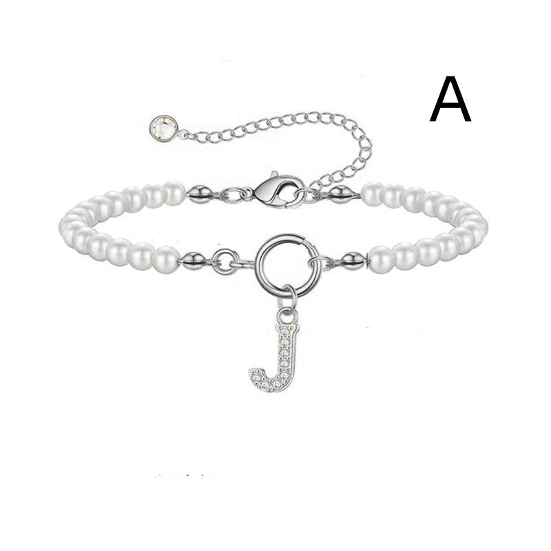 Toggle Clasp Initial Bracelet – A-Z Letter Pendant Pearl Bracelet for Women CJ