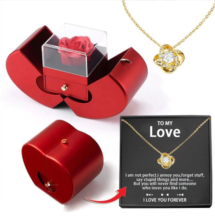 Red Apple Jewelry Box with Eternal Rose & Necklace – Fashion Gift for Girls, Mother's Day & Valentine's Day CJ