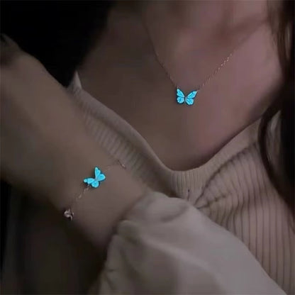 Blue Luminous Butterfly Necklace & Bracelet Set – Glow-in-the-Dark Party Jewelry CJ