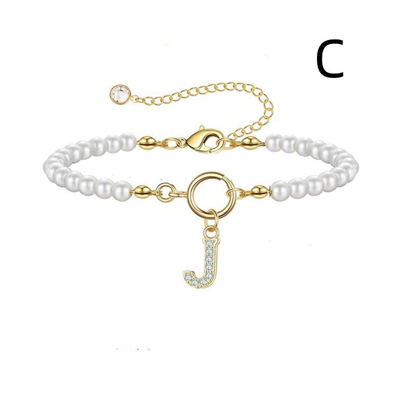 Toggle Clasp Initial Bracelet – A-Z Letter Pendant Pearl Bracelet for Women CJ
