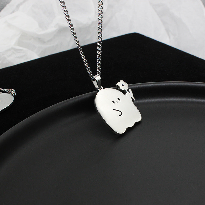 Stainless Steel Cute Ghost & Cat Couple Necklace – Kawaii Lovers Friendship Jewelry CJ