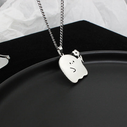 Stainless Steel Cute Ghost & Cat Couple Necklace – Kawaii Lovers Friendship Jewelry CJ