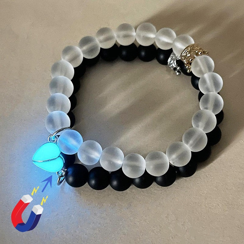 2PCS Handmade Crown Beaded Couple Bracelets – Luminous Glow-in-the-Dark Heart Jewelry Gift for Men & Women CJ