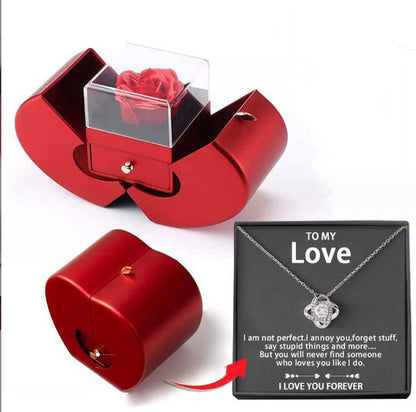 Red Apple Jewelry Box with Eternal Rose & Necklace – Fashion Gift for Girls, Mother's Day & Valentine's Day CJ
